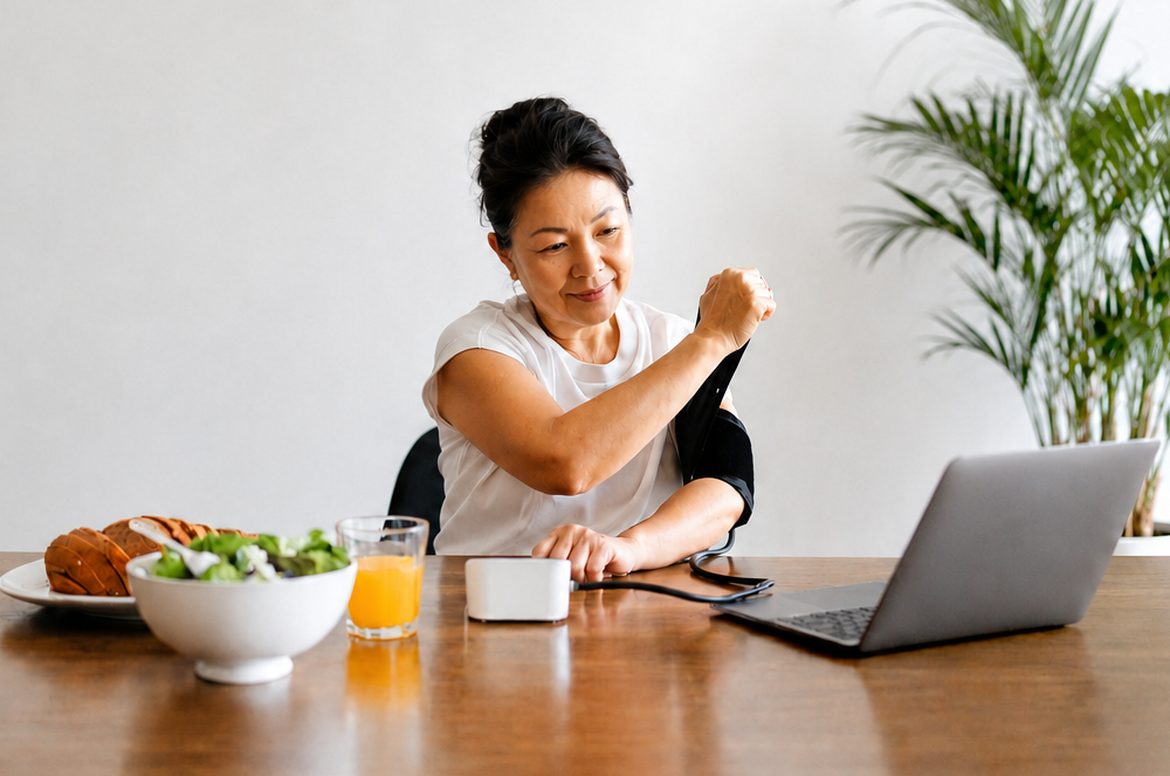 Woman managing her health at home